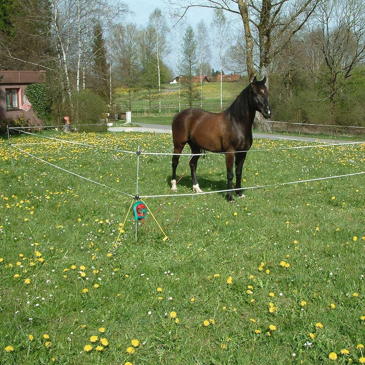 AKO Kit recinto elettrico per cavalieri escursionisti con elettrificatore B40, in uso, al pascolo