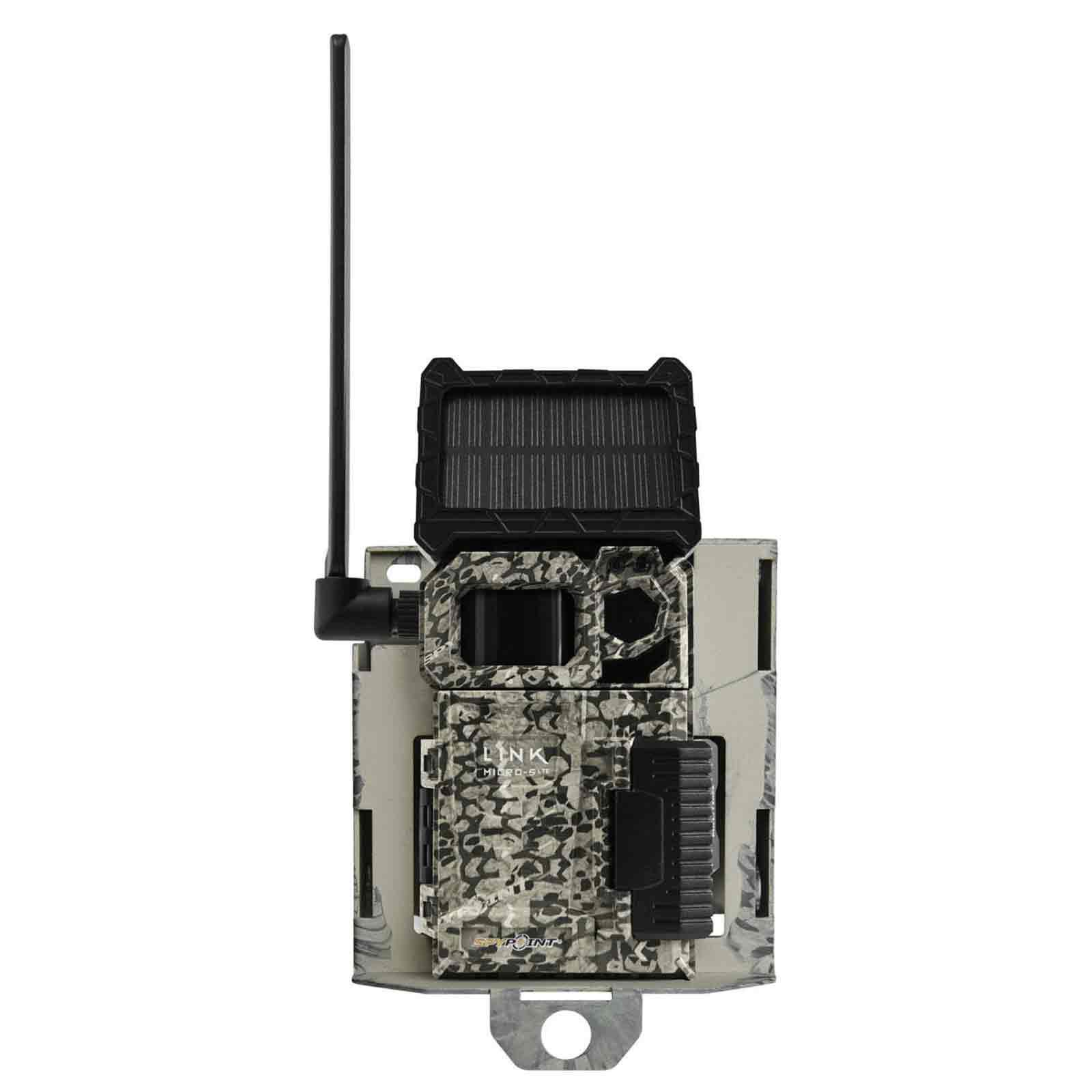 Camo-coloured trail camera with aerial and attached solar panel