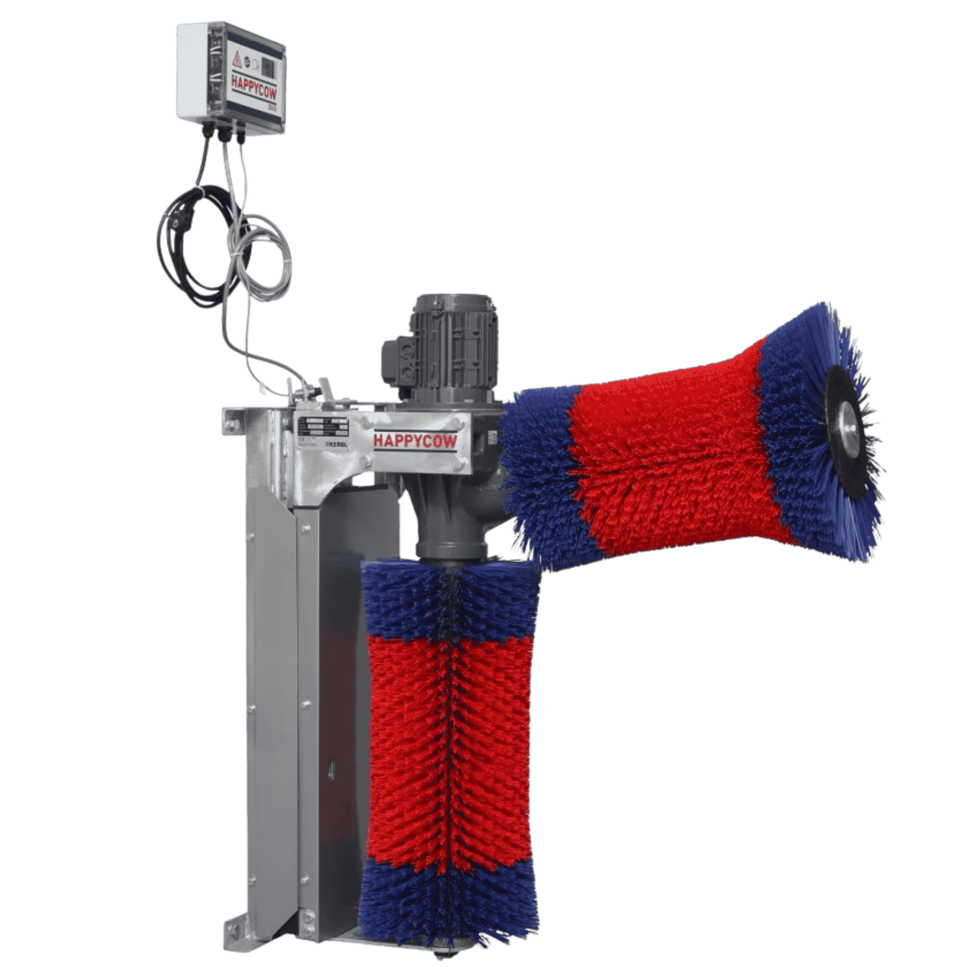 industrieller Rotationsbürste, automatisches Bürstensystem, rot-blaues Bürstenpaar, motorisierte Rührvorrichtung, HAPPY COW Branding