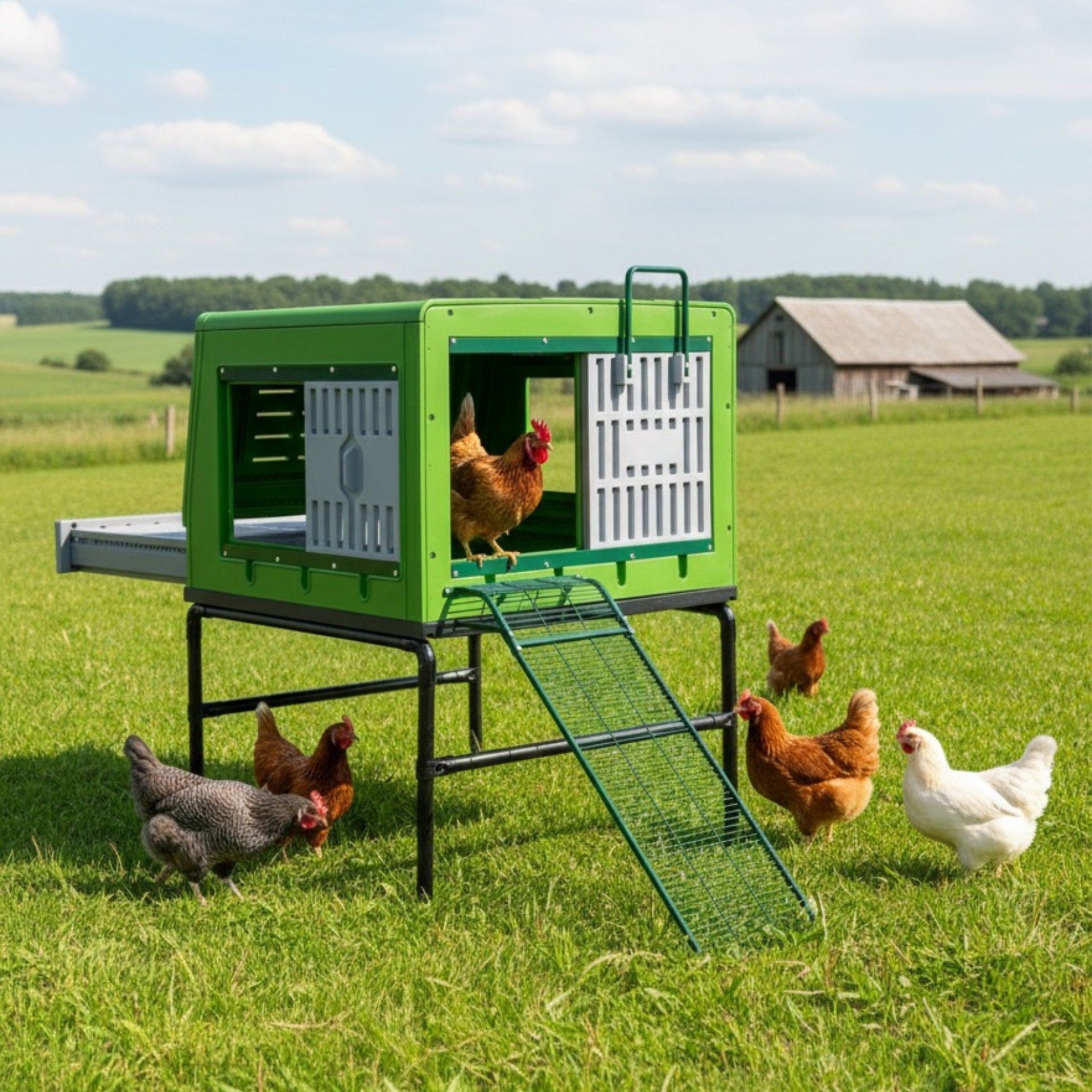 Poulailler mobile Agrarzone « The Egg Loft » en plastique, en utilisation, au pré