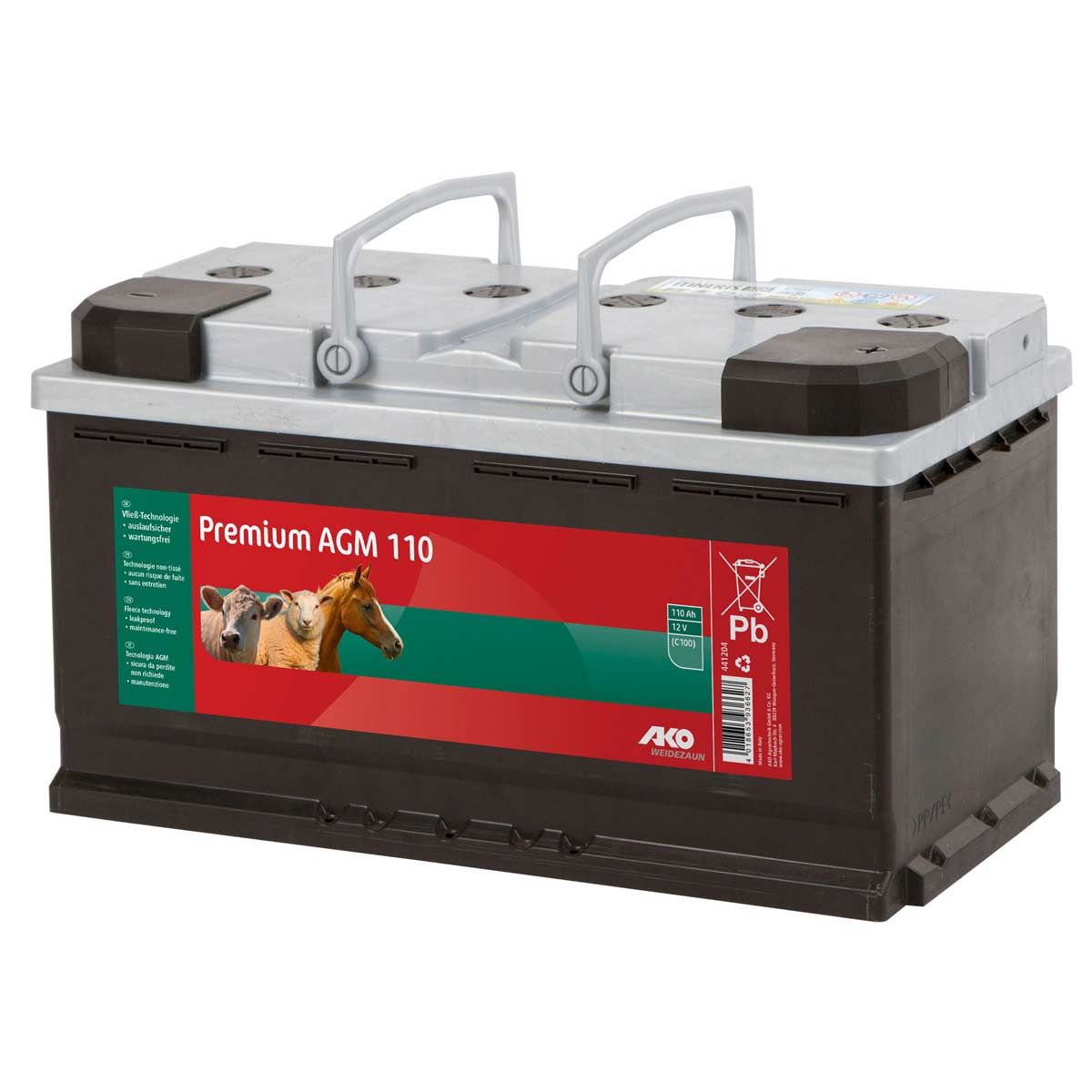 AKO Premium AGM Batterie Weidezaunbatterie 12V 110 Ah, wartungsfrei, Vorderansicht