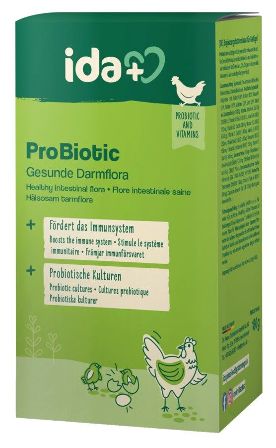 Probiotikum, Nahrungsergänzung, Darmflora, grüne Verpackung, Huhn Illustration