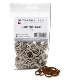 Beutel mit kleinen Gummiringen zum Einflechten von Pferdemähnen, Verpackung Waldhausen Mähnengummis