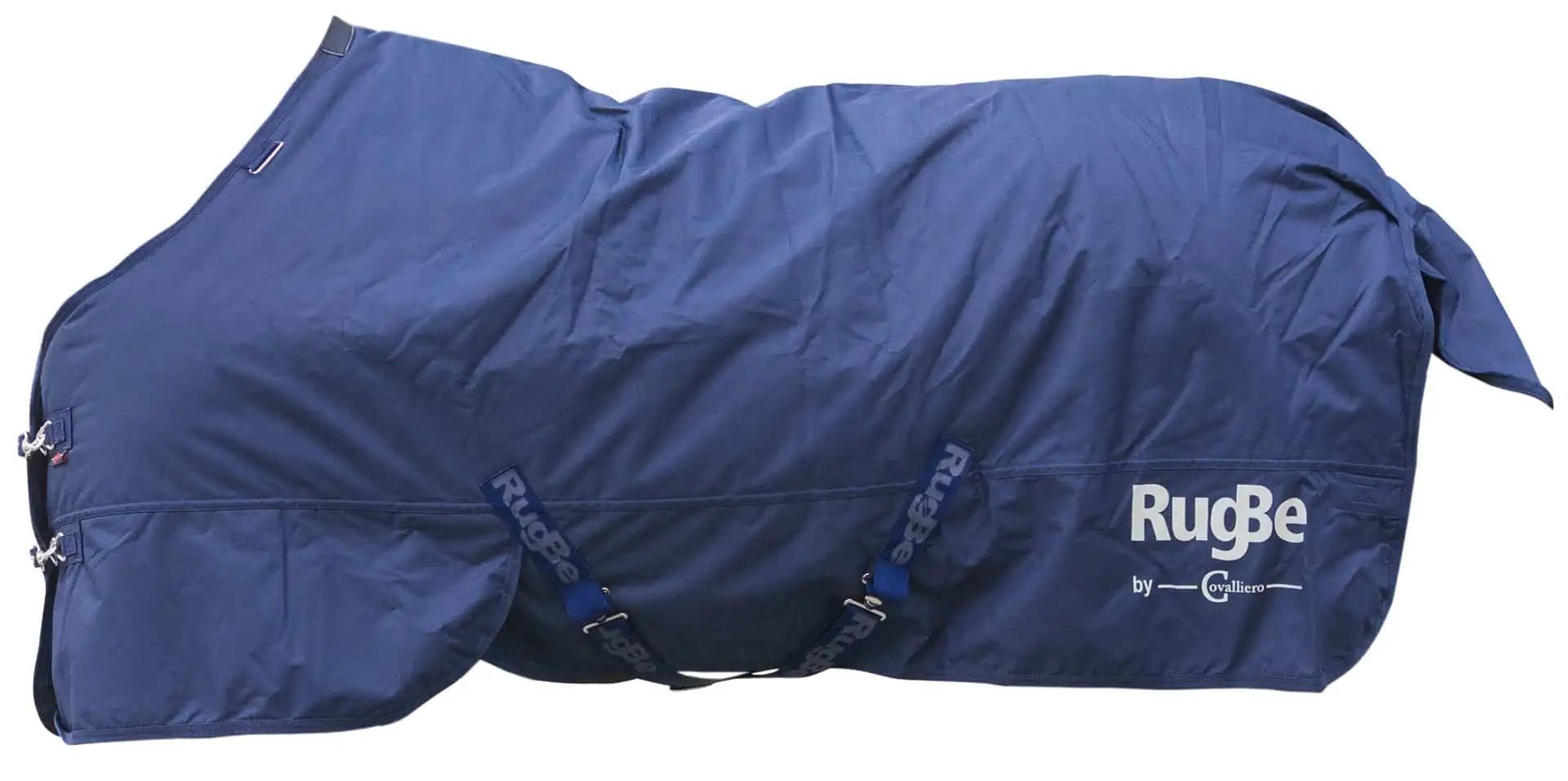 Dunkelblaue Pferdedecke mit Gurten, Aufdruck RugBe