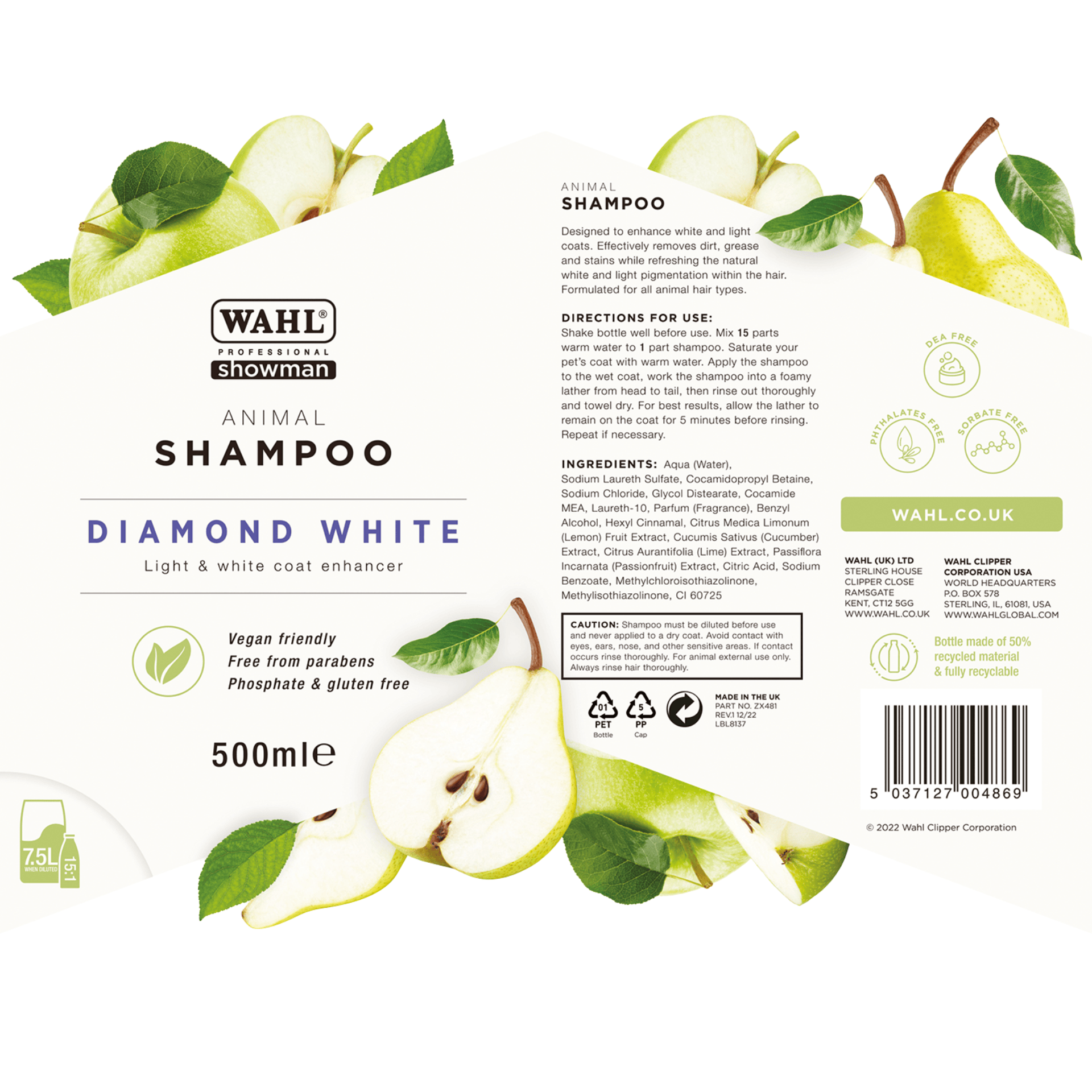 Wahl Diamond White Shampoo concentrato per pelo bianco & chiaro, etichetta