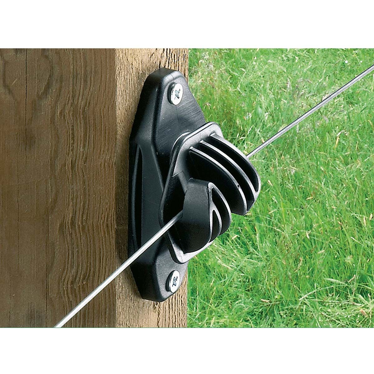 10x Kerbl Highland Permanent Fence Insulator, Black Wire, in use, in the paddock