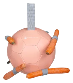 Runder Spielball in rosa mit Trageschlaufe, umgeben von angehängten Karotten aus Stoff