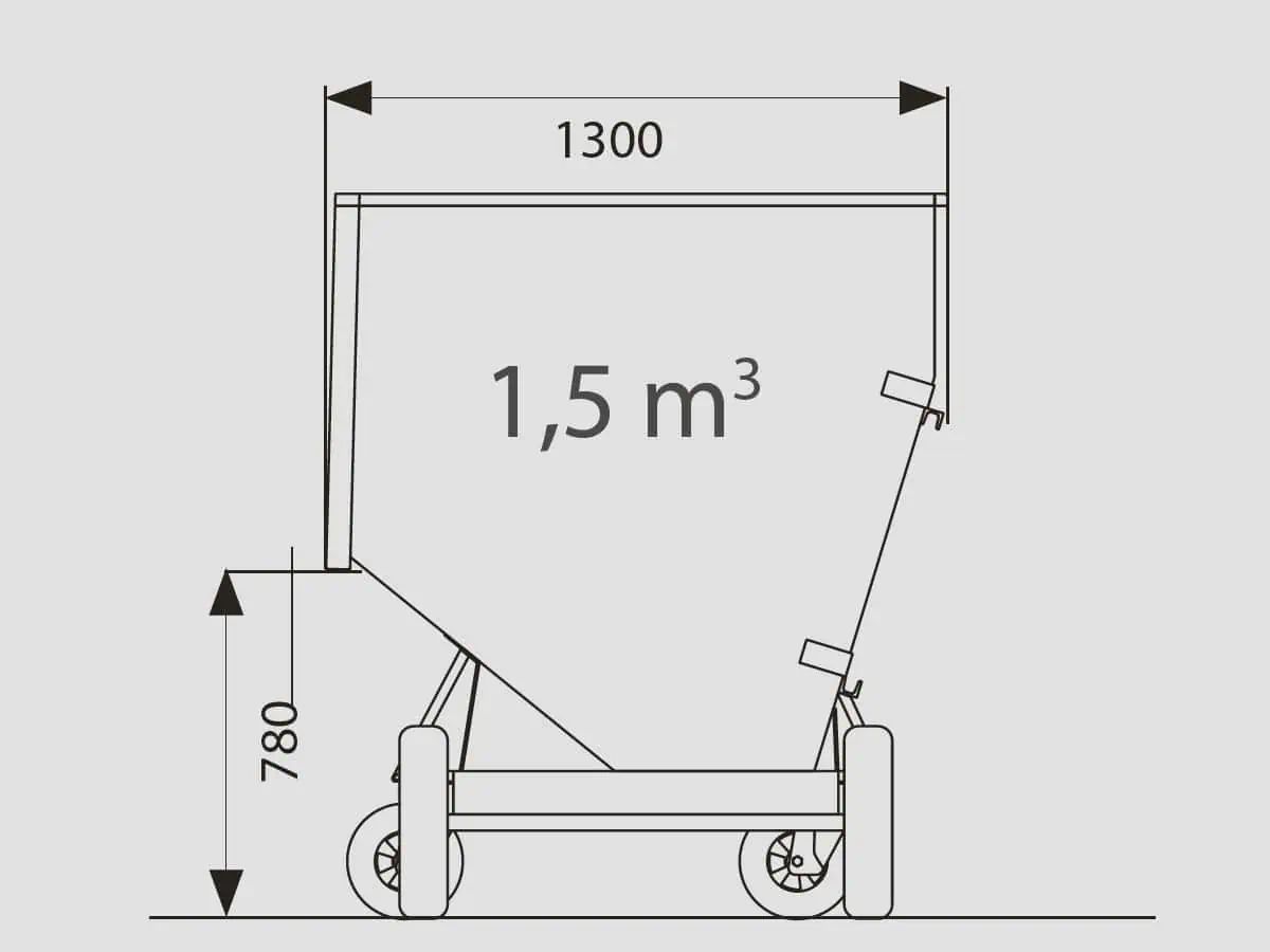 Growi Großraumkuli für Hoflader Weidemann mechanisch, Tiefe 1,3 m, Maßzeichnung