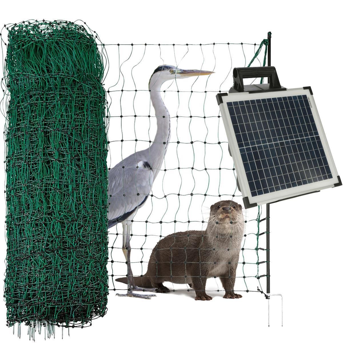 Kit clôtures pour étang anti-hérons Agrarzone S1500 SOLAIRE 12V, 2,3J, filet 200m x 106cm, vert
