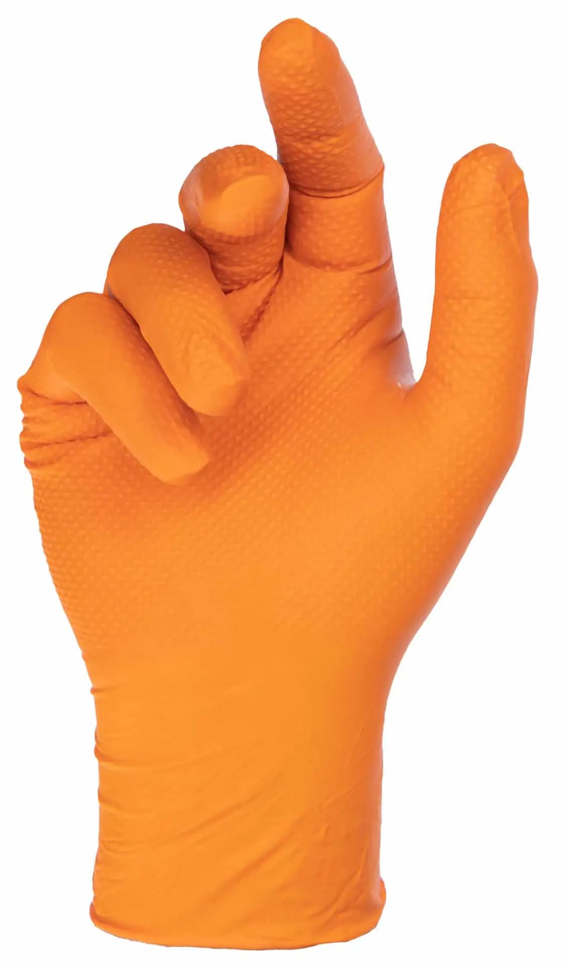 Kerbl Nitrile Disposable Glove X-Grip, orange, 50 pcs, in use, held in hand