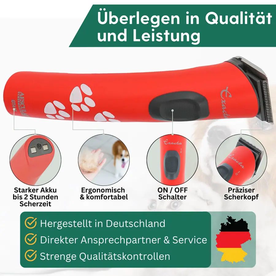 Tondeuse à batterie Aesculap Exacta rouge avec tête de coupe de rechange, infographie