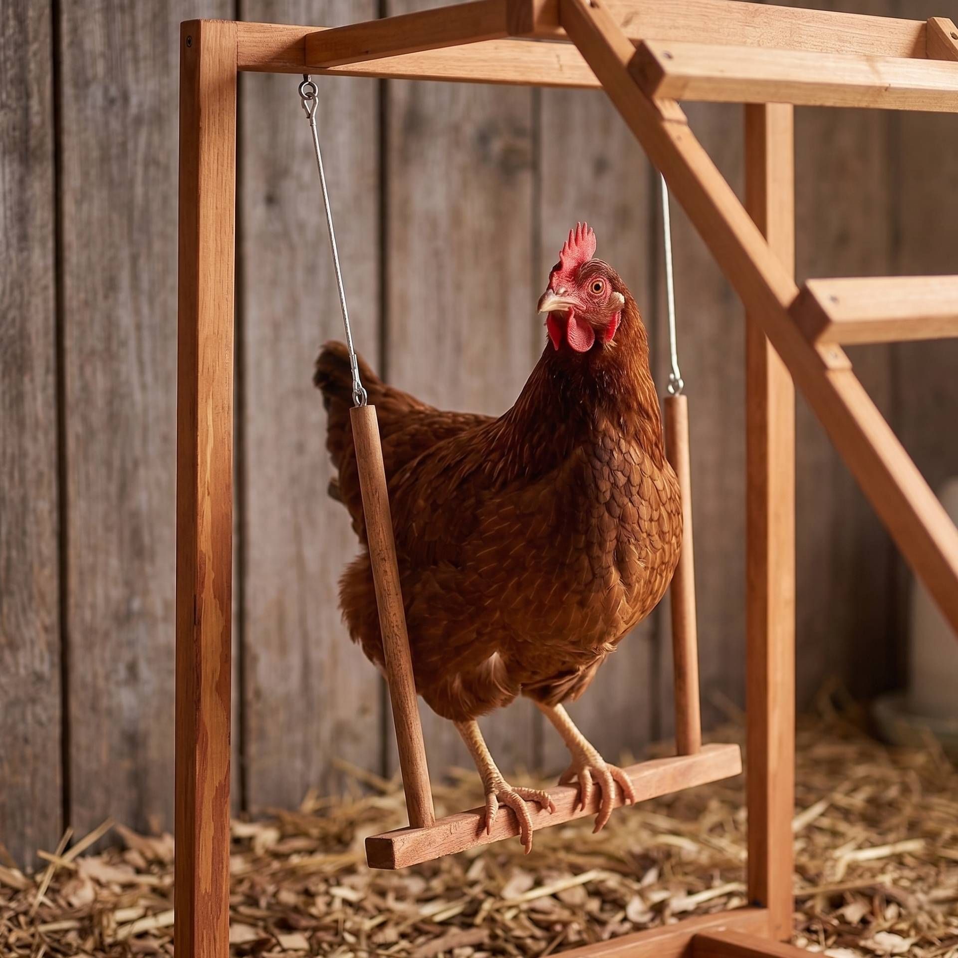 chicken, hen, wooden frame, swing perches, outdoor coop accessory