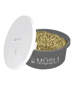 Runder Napf mit Deckel, gefuellt mit Muesli, Aufschrift Muesli, dunkelgrau