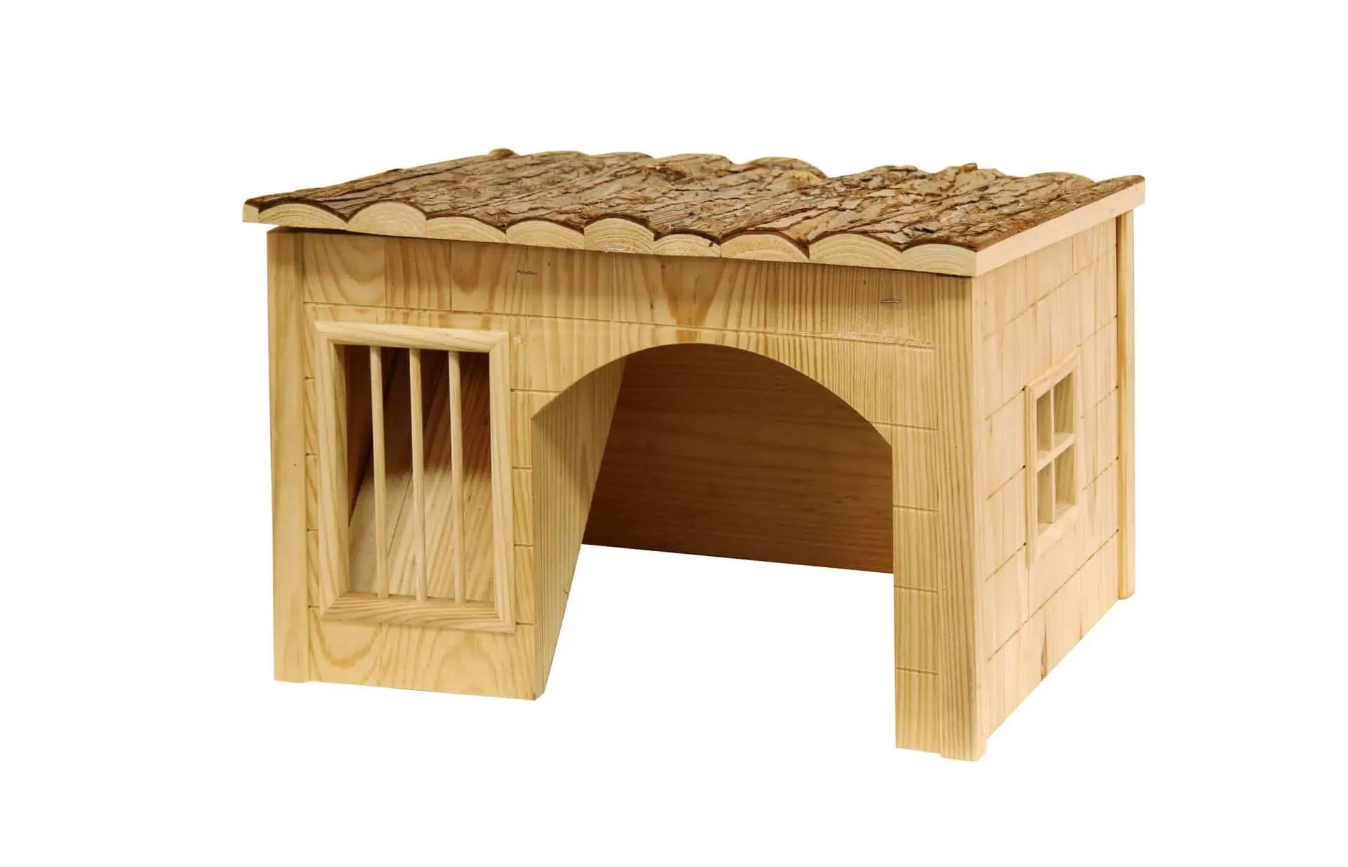 Small wooden house with pitched roof, barred window and round entrance for small animals