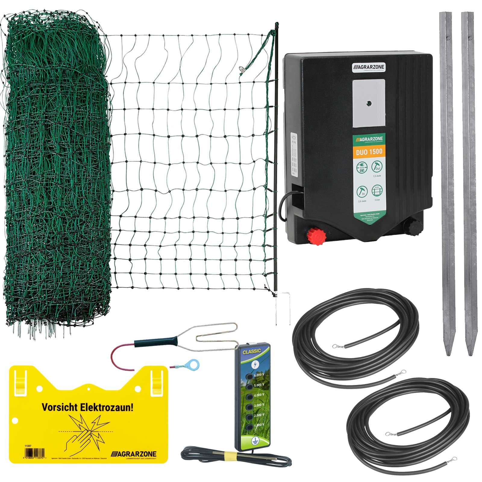 Hägeravvisande dammstaket DUO1500 12V/230V, 2J, nät 50m x 65cm, grönt, leveransinnehåll