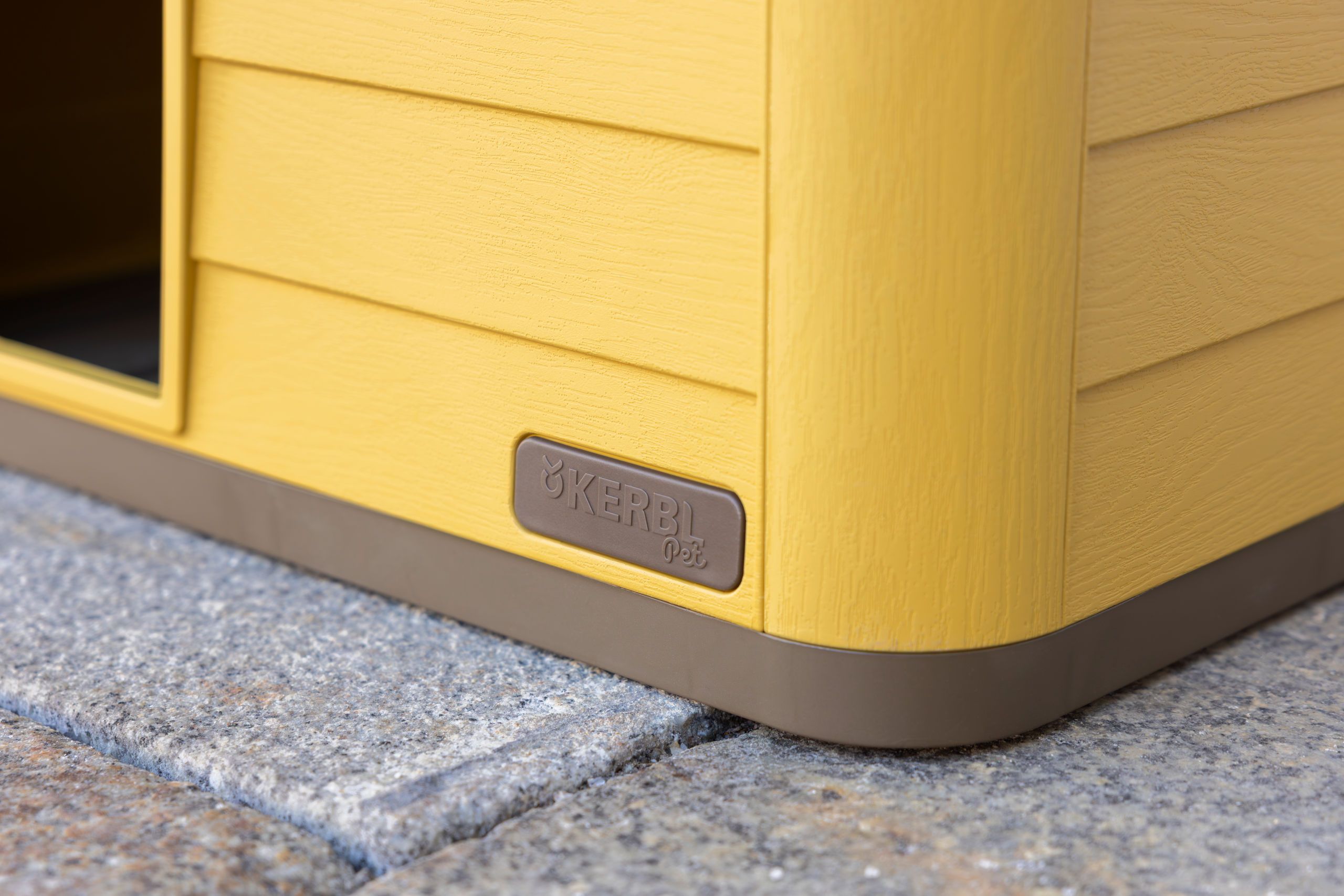 dog house, yellow exterior, wooden panel, base plate, brand label
