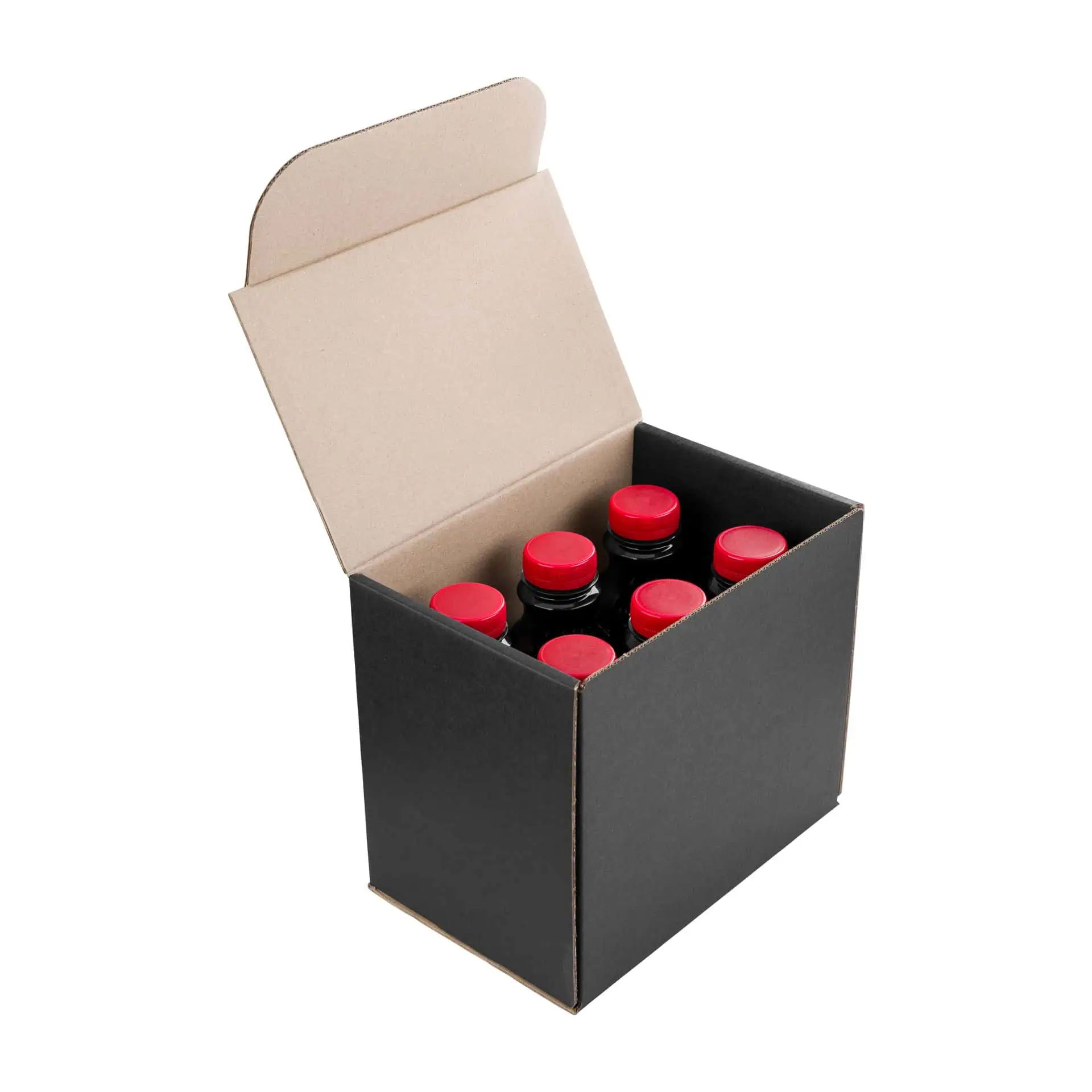 Cutie de carton neagră deschisă cu opt sticle cu capac roșu