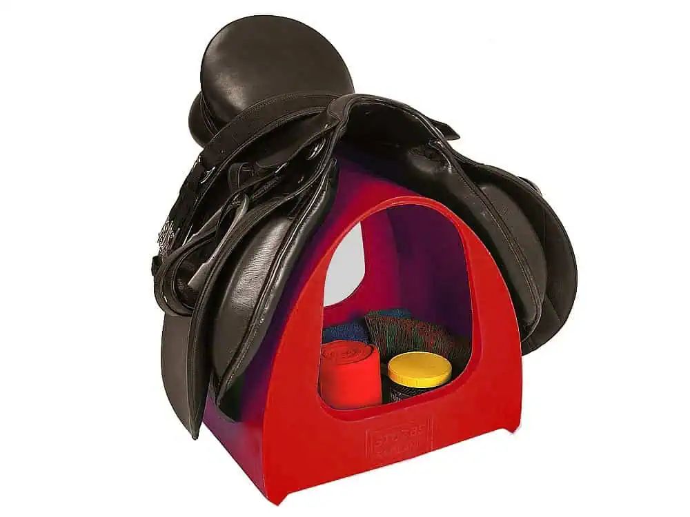 Growi Saddle-Pac Mobile Saddle Rack with Practical Storage for Accessories, in use