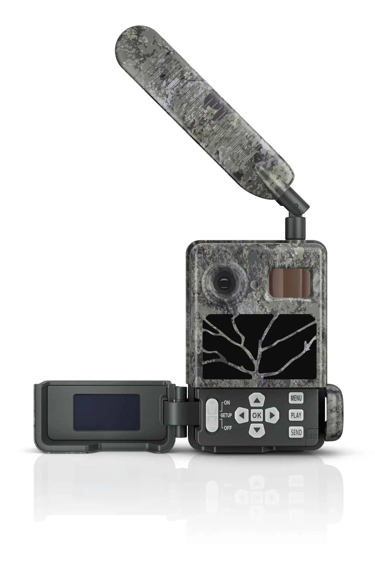 Cameră de vânătoare camuflată cu antenă, panou de comandă deschis cu butoane și display vizibil