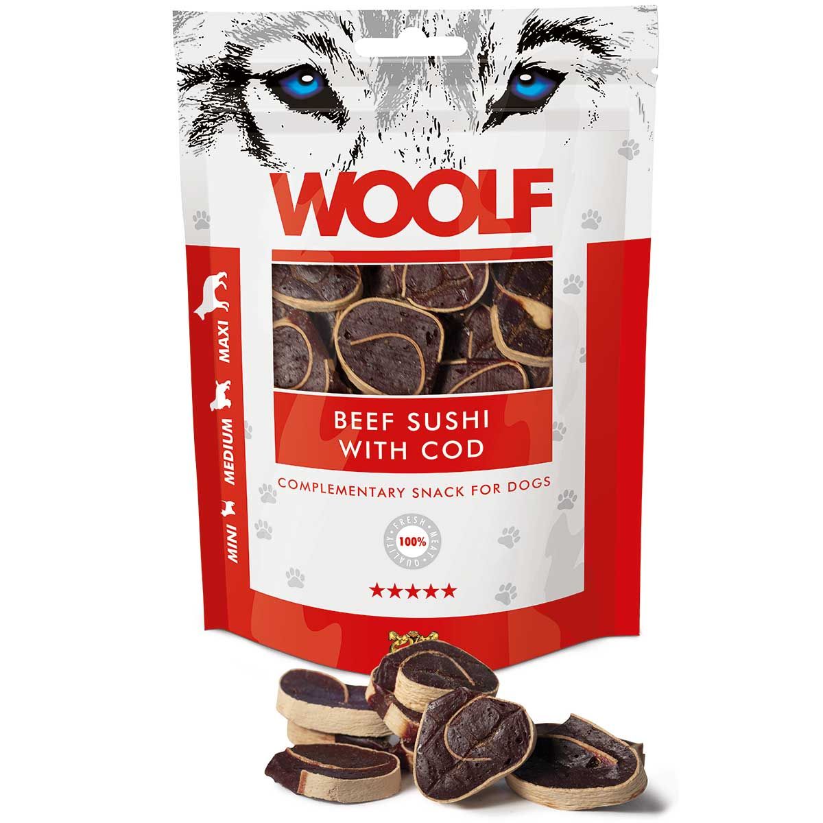Woolf Hundeleckerli Rindfleisch Sushi, Verpackung