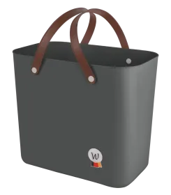 Dunkle Kunststofftasche mit zwei braunen Henkeln