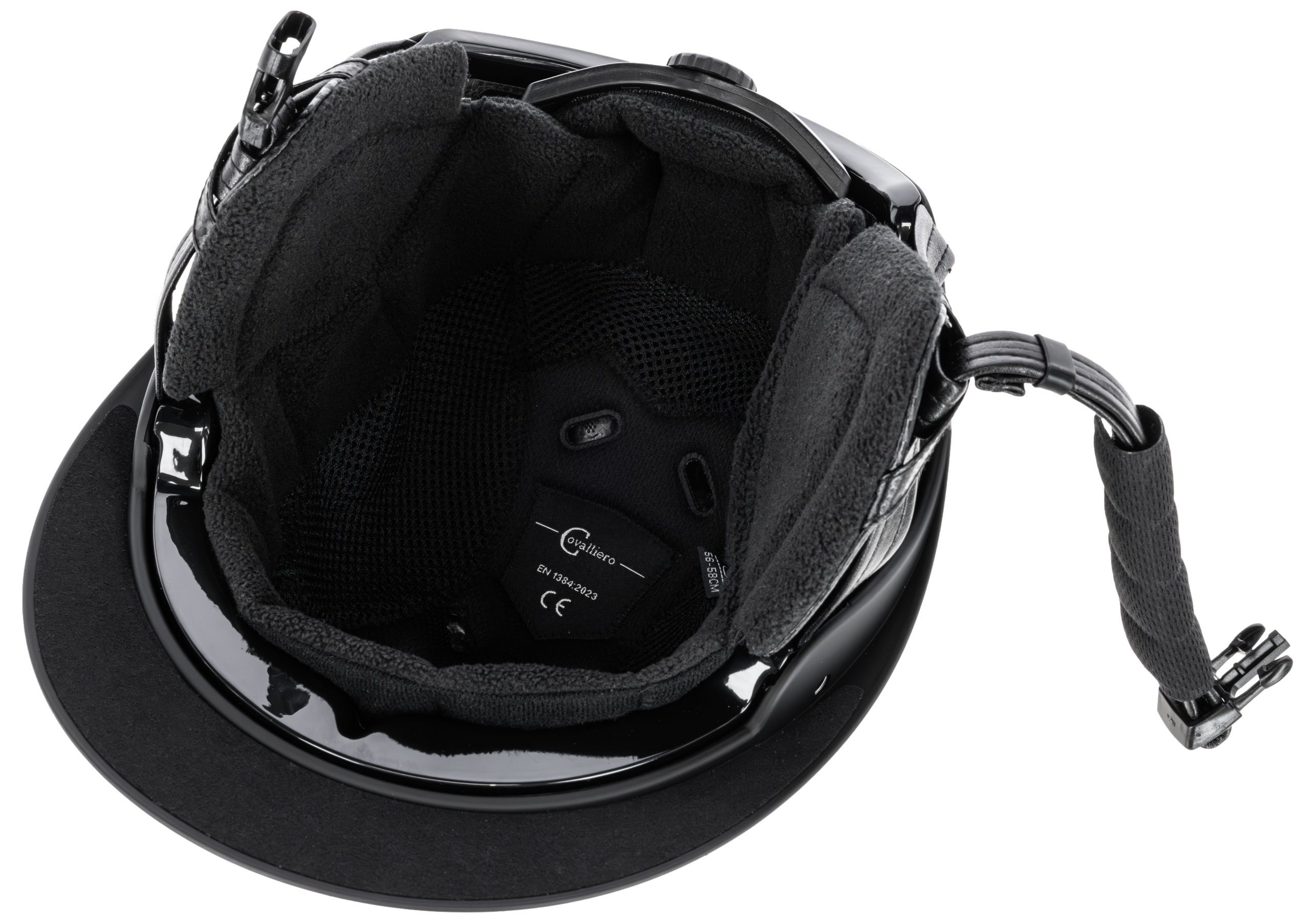 helmet, black, inner padding, chin strap, adjustable