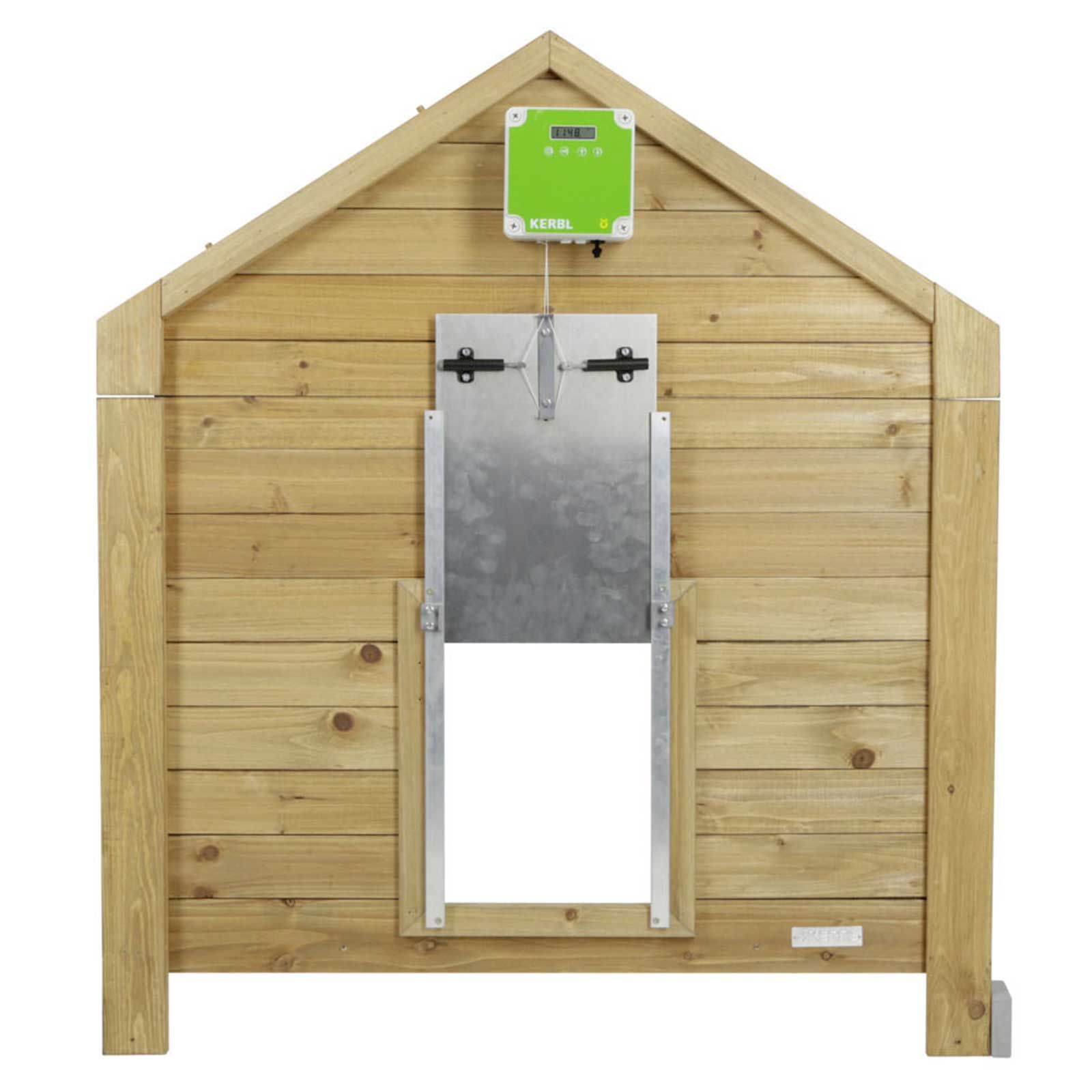 Holzstall mit Giebeldach, automatischer Hühnerklappe aus Metall und grünem Steuergerät