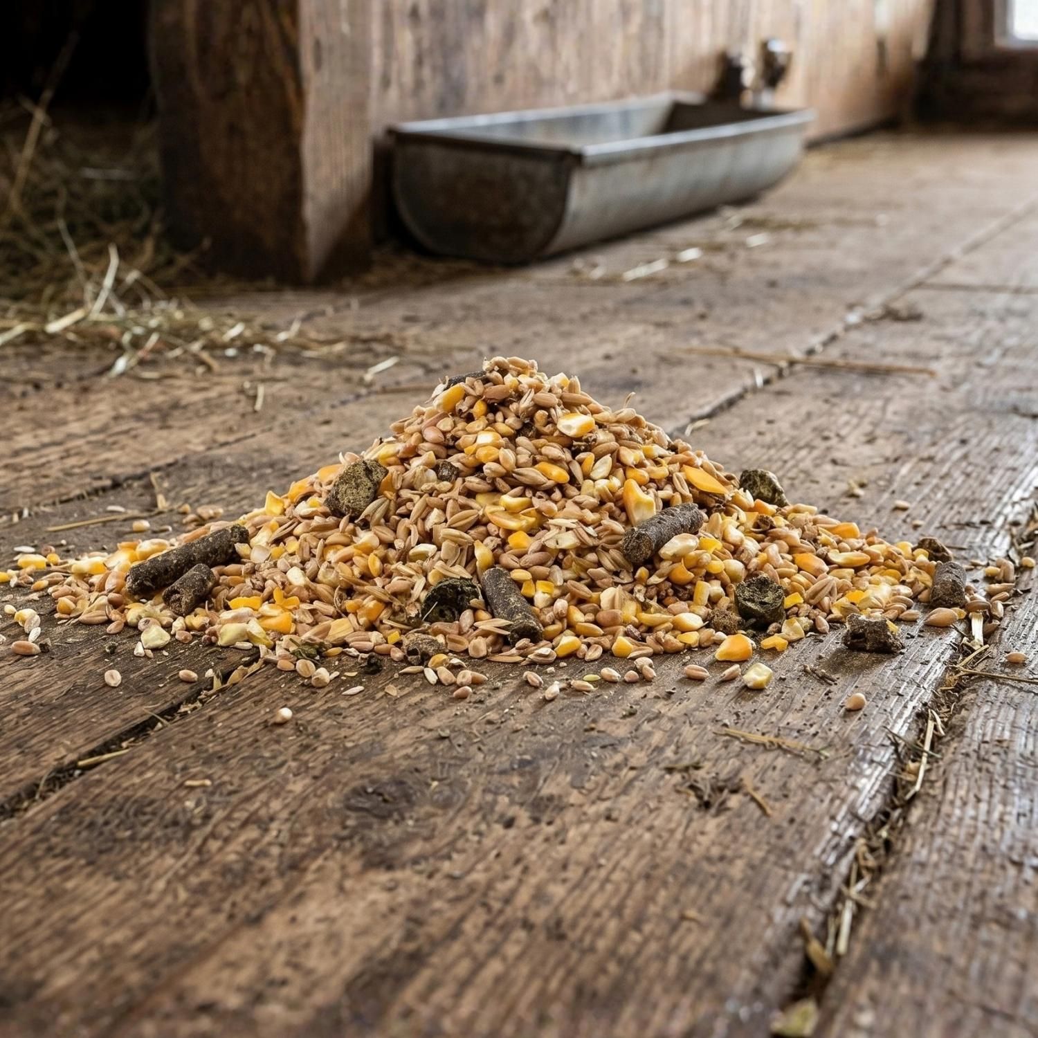 Tas de muesli pour moutons et chèvres sur le plancher de l'étable devant une auge