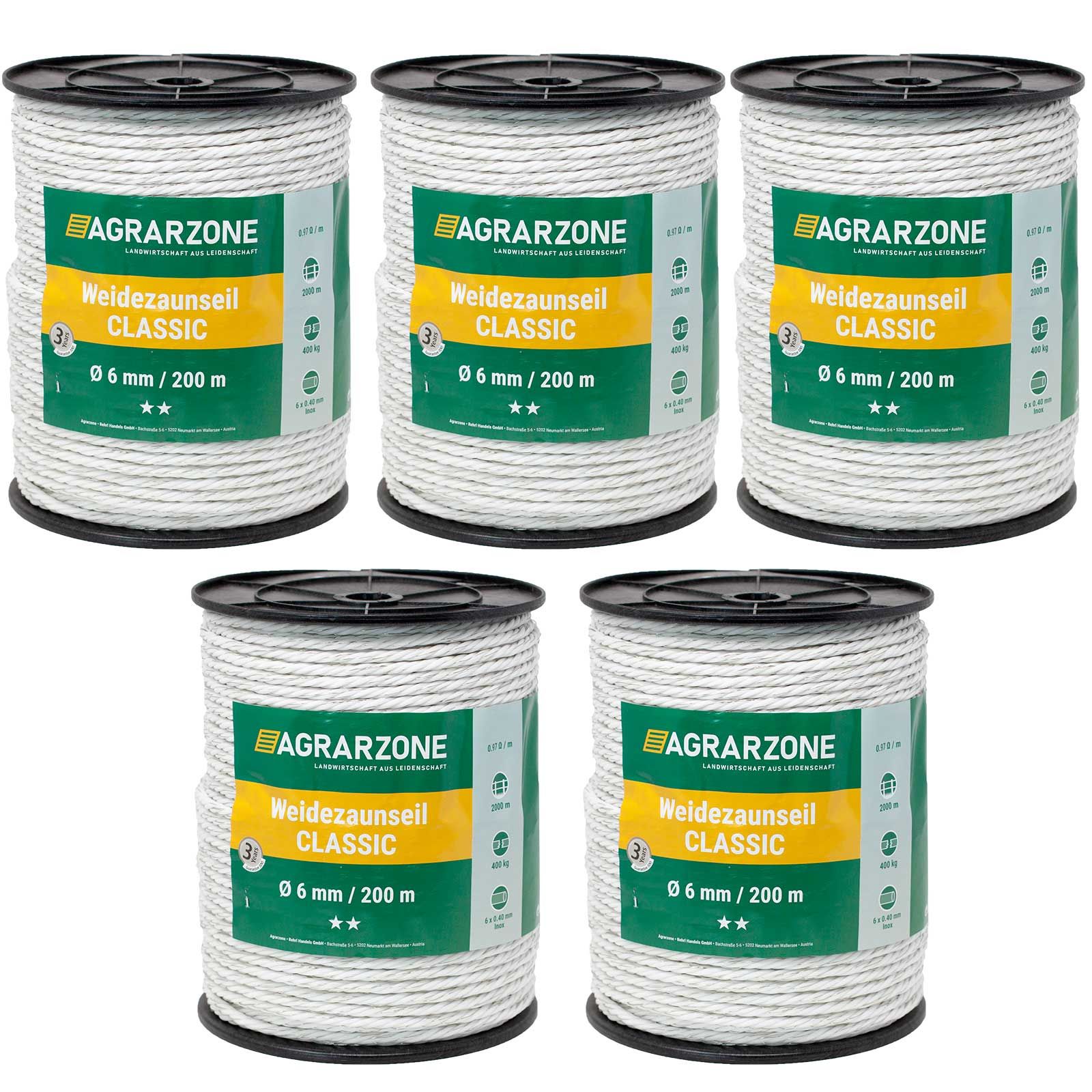 Corde de clôture électrique Agrarzone CLASSIC Ø 6mm, 6x0,40 acier inox, blanc 1000 m x 6 mm
