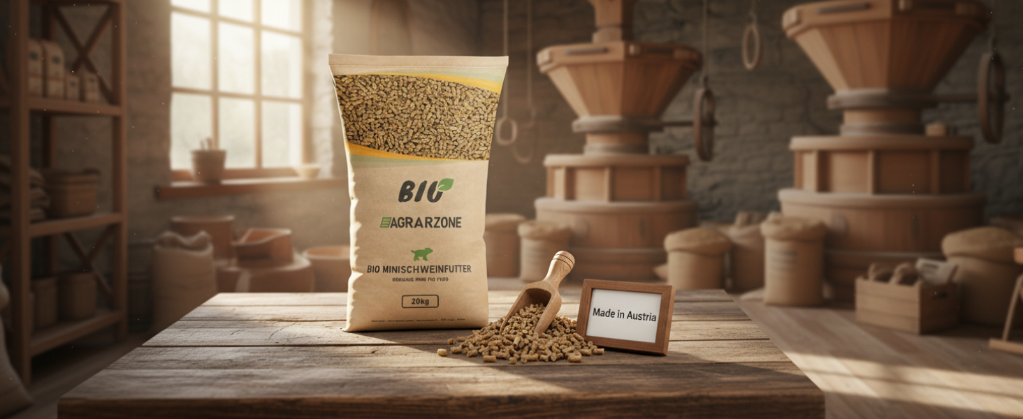 Sack Bio Minischweinfutter mit Pellets, Schaufel und Schild Made in Austria in rustikaler Muehle
