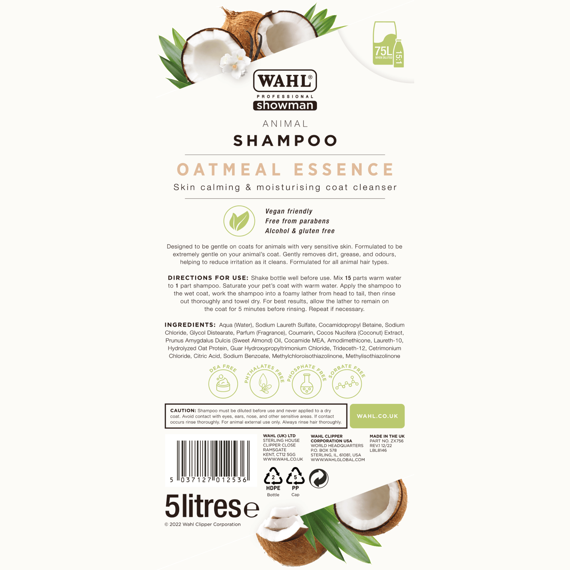 Wahl Oatmeal Essence Shampoo concentrato per cani, pelle sensibile, vista posteriore