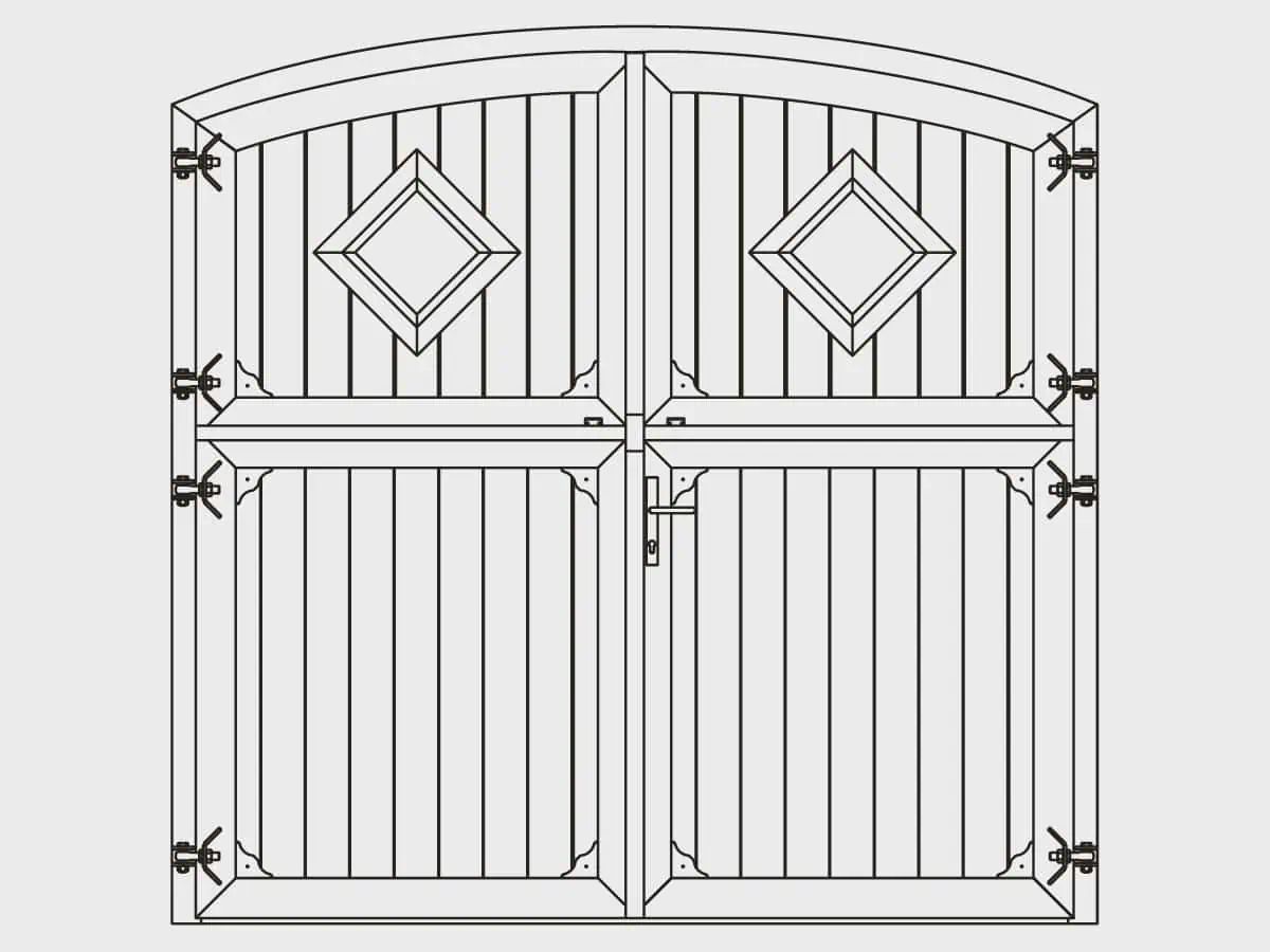 Growi Stalltor mit Bogen & Karo-Fenster, wetterfeste Holzfüllung, Vorderansicht
