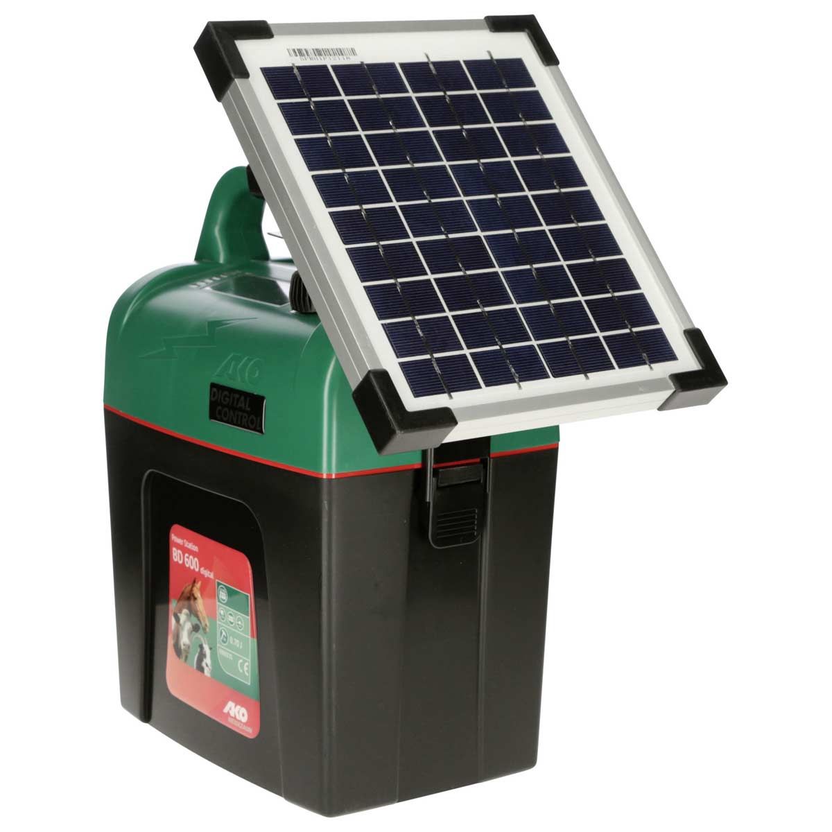 Kerbl Set solar 5 Watt cu baterie AGM 15Ah, suport și alimentator, vedere din față, panou solar