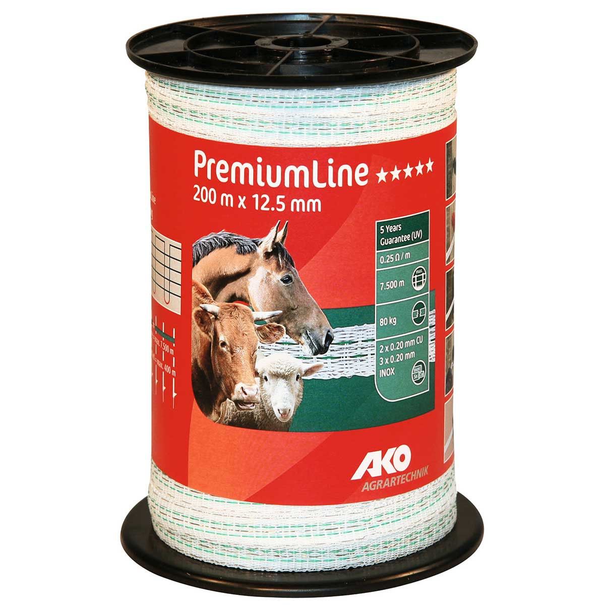 Ako Weidezaunband PremiumLine 200m, 0.20 Niro + 0.20 Kupfer, weiß-grün