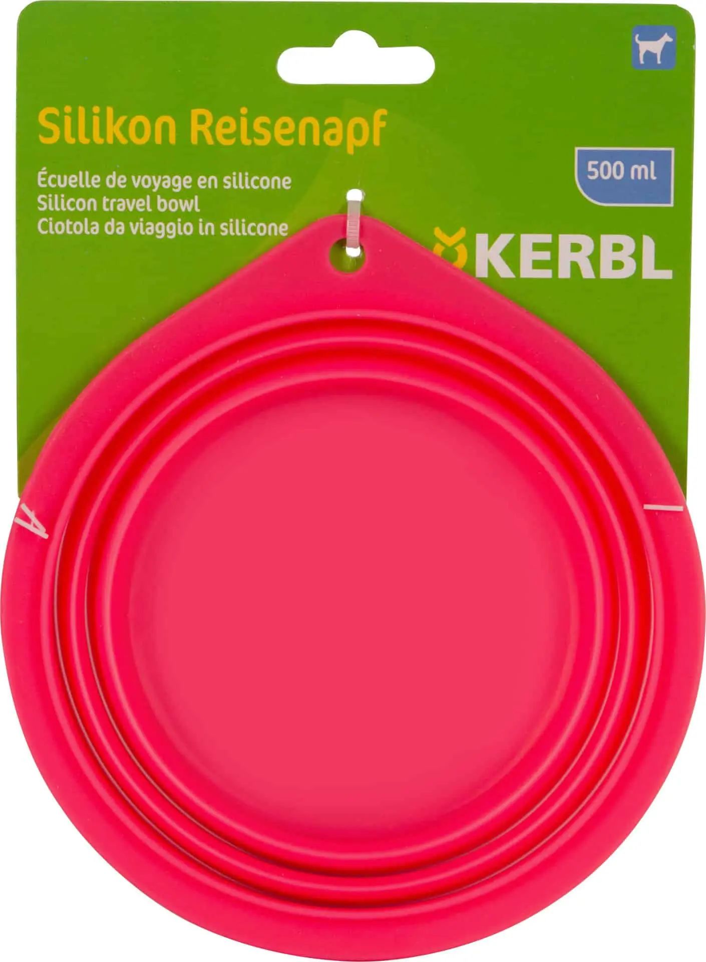 Kerbl Silicone Travel Bowl Foldable, Raspberry, 500 ml, packaging