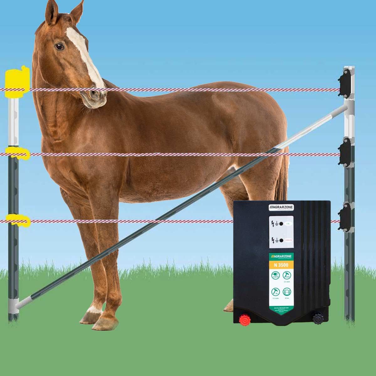 Kit clôture pour chevaux n3500 230v, 300m de clôture fixe à poteaux en T 182 cm, 3 rangées, 1 porte