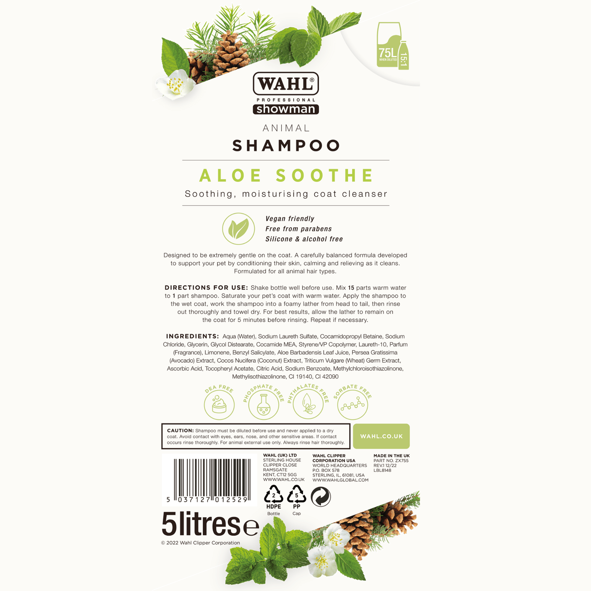 Wahl Aloe Soothe Shampooing concentré pour peaux sensibles, étiquette