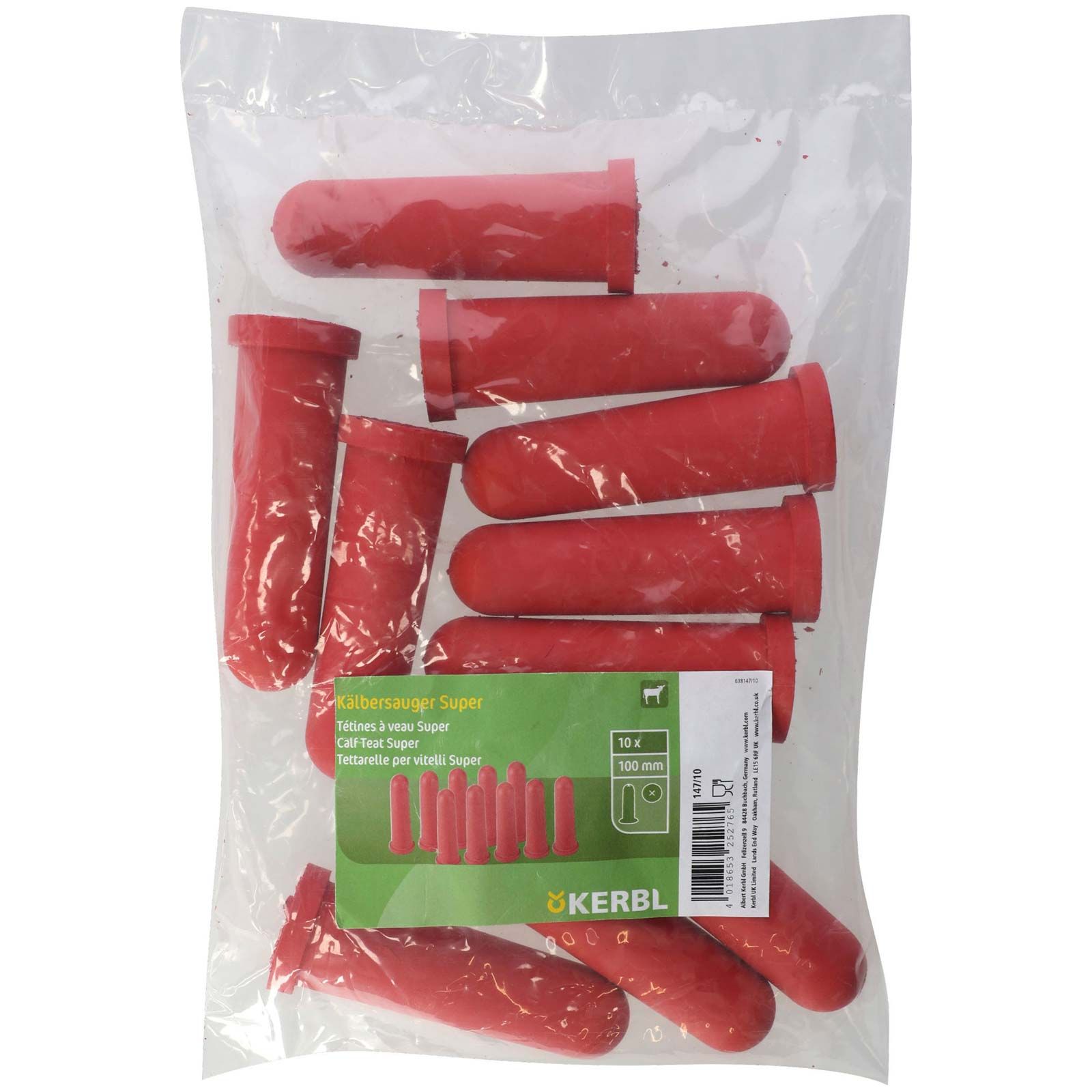 Tetină pentru viței Super roșie Kerbl, perforație în cruce, 100 mm, pachet de 10, ambalaj