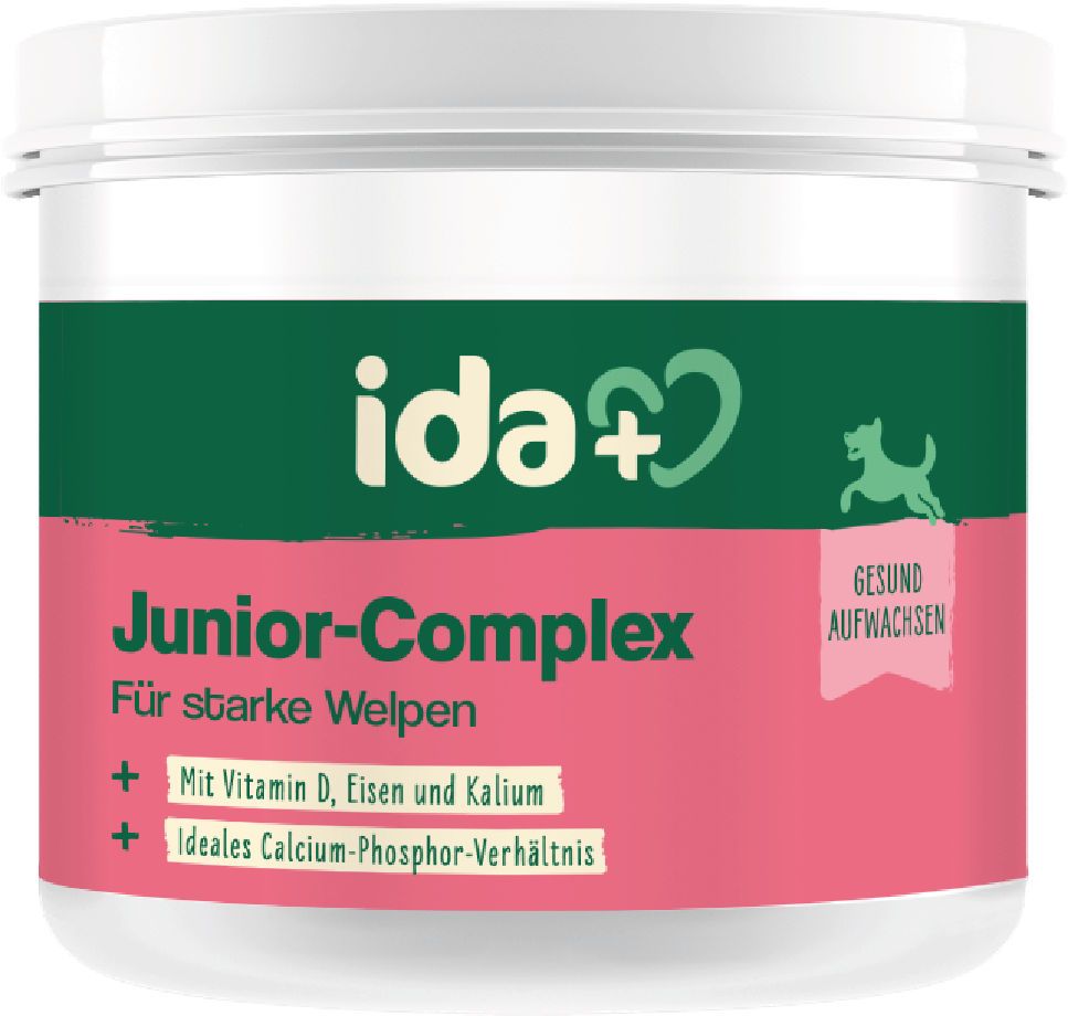 Junior-Komplex, Hundeergänzung, Kalziumphosphor, Vitamin-D, Tablettenbehälter