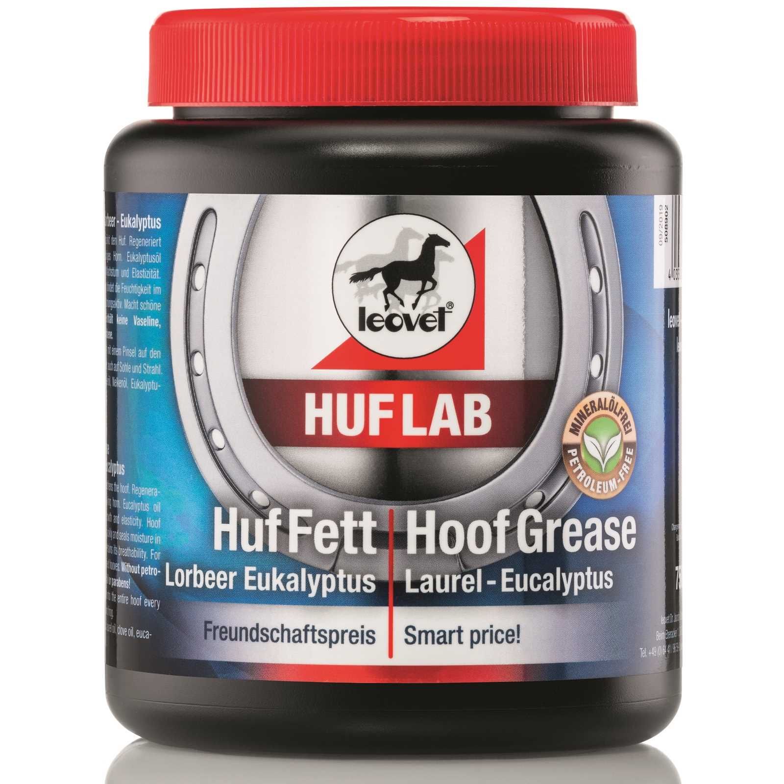 leovet HUFLAB hovfett lager-eukalyptus 750 ml häst, förpackning