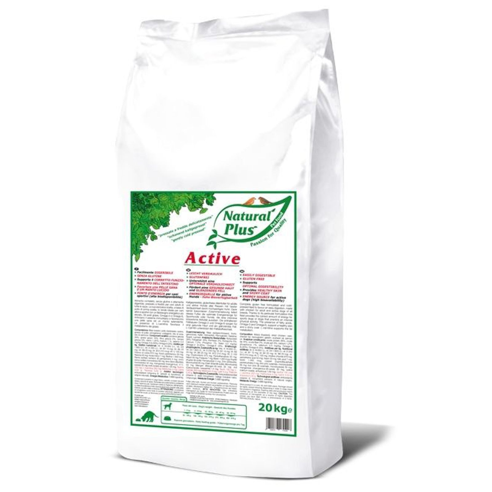 Vit fodersäck med grönt tryck, Natural Plus Active 20kg