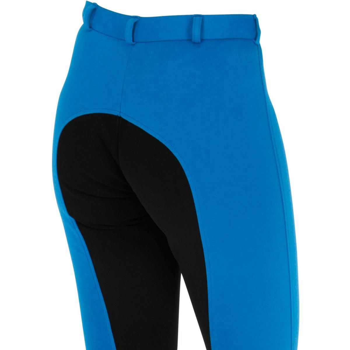Reithose in Blau mit schwarzem Besatz an Gesäß und Beininnenseite
