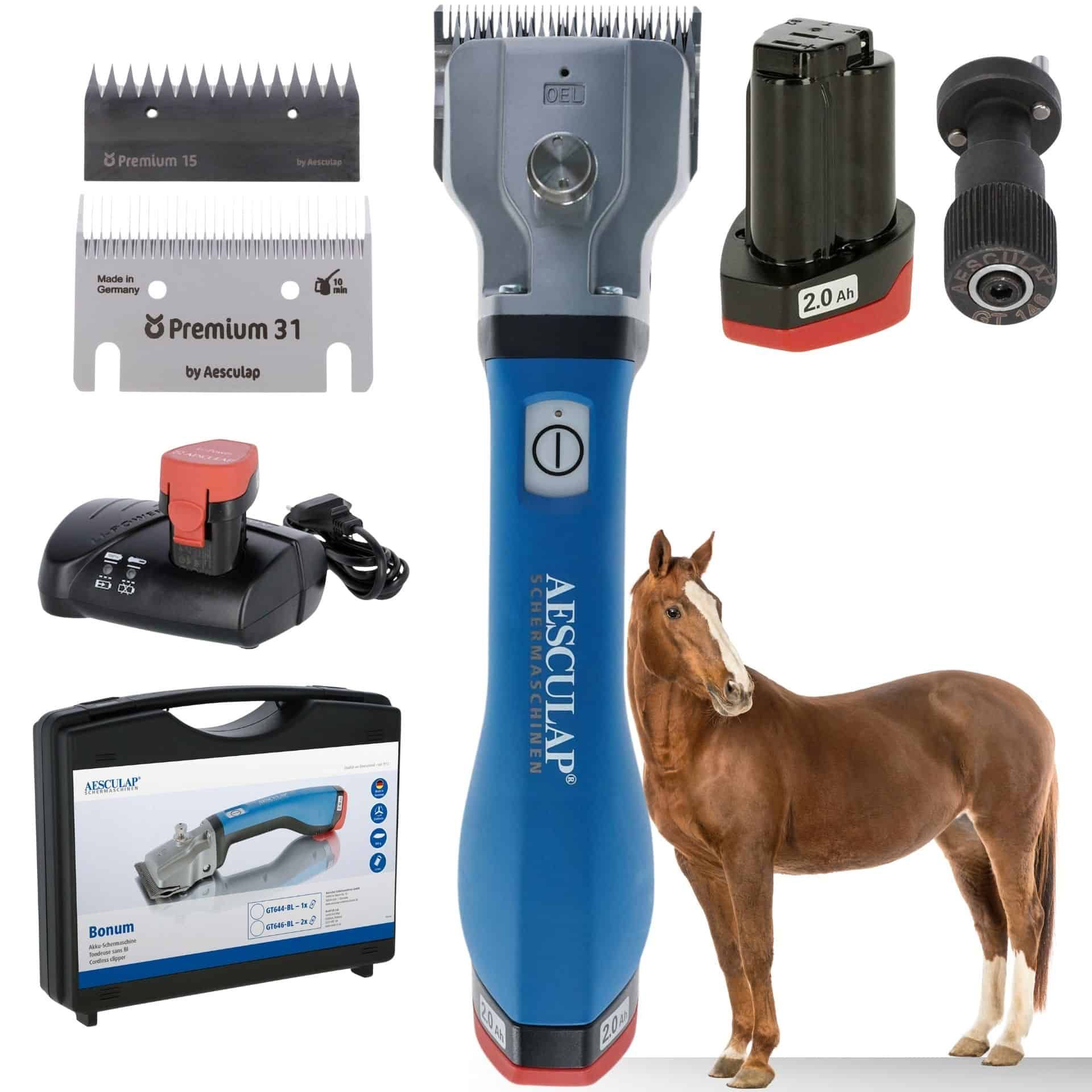 Tosatrice a batteria Aesculap Bonum cavallo blu, con chiave TORQUI, contenuto della confezione