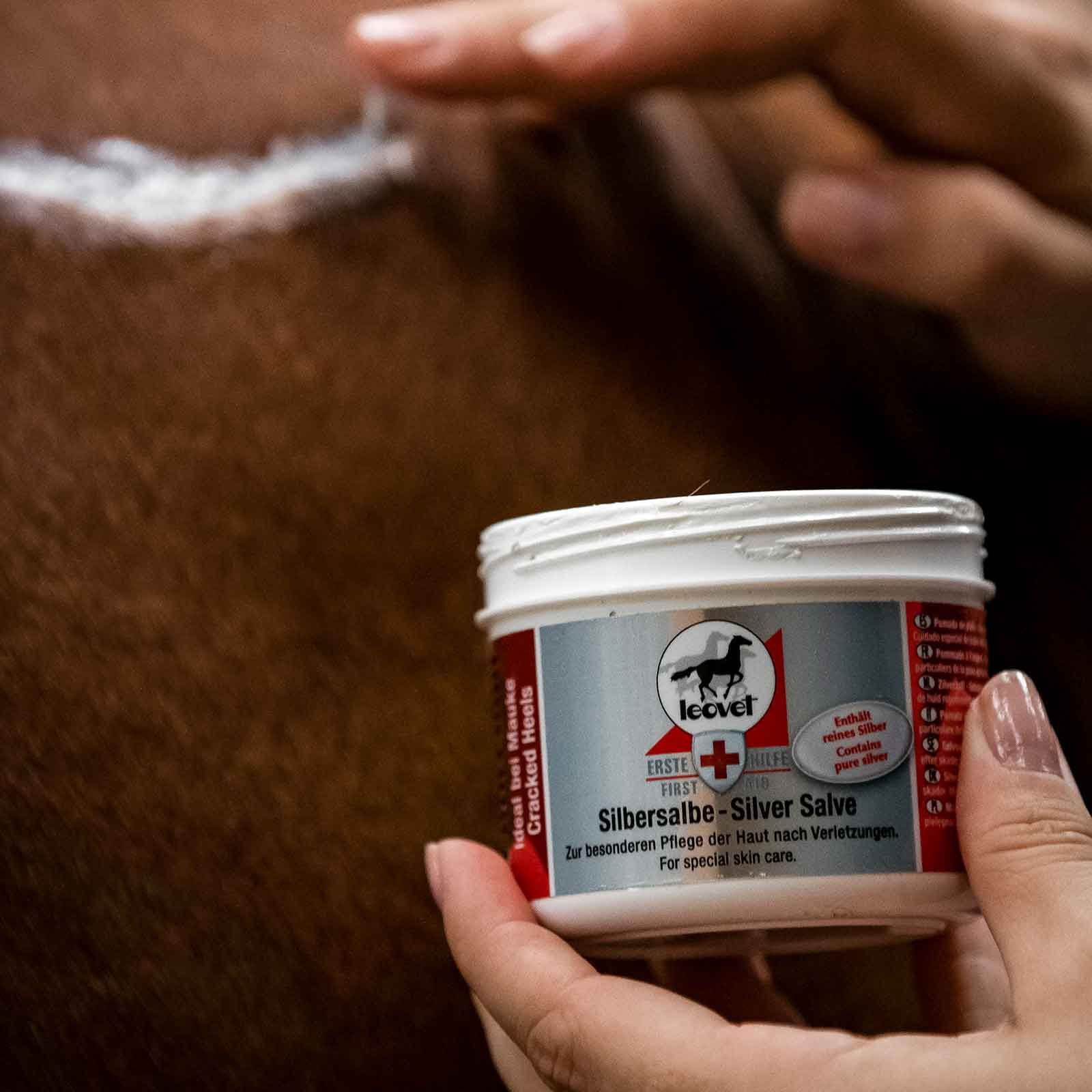 leovet Silbersalbe Pferd Mauke, 150 ml Hautpflege-Salbe, im Einsatz, in der Hand
