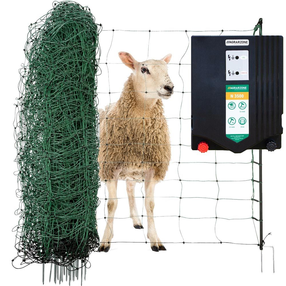 Fårstängsel set N3500 230V, 5,5J, nät 50m x 90cm, grönt, leveransinnehåll, på hagen