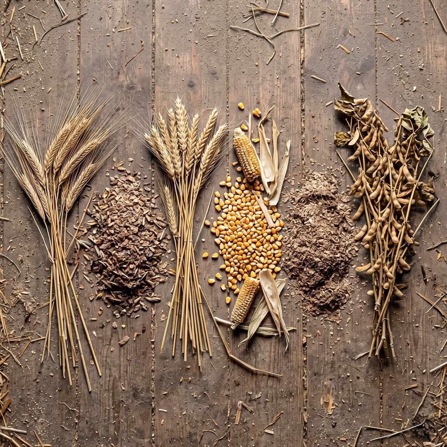 Orzo, frumento, mais e soia, componenti del mangime in pellet per pecore