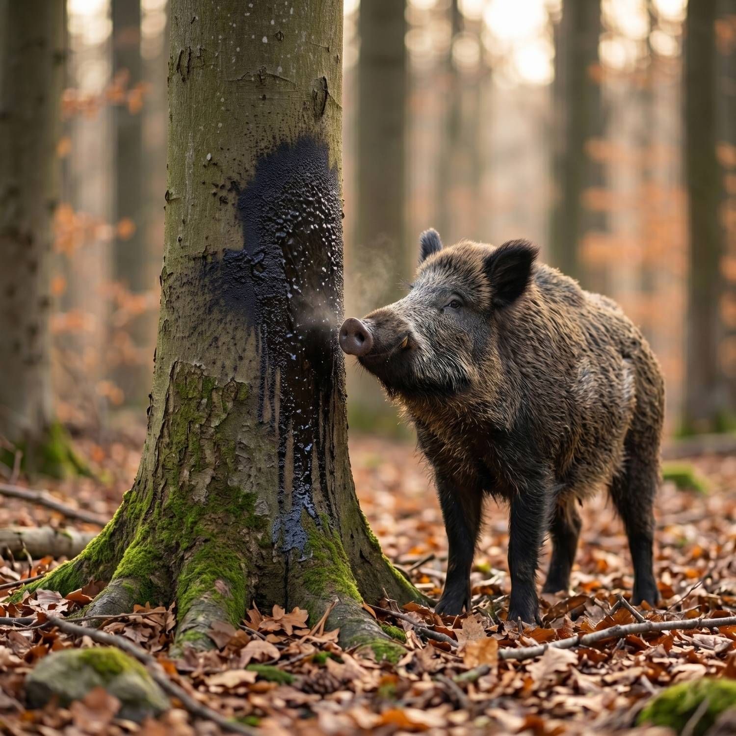 boar, wild boar, forest, moss, tree scratch