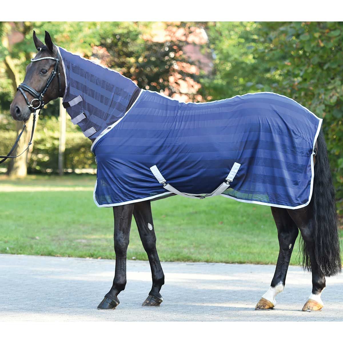 BUSSE Couverture Anti-Mouches de Transport STRIPE PLUS, Filet avec Encolure, navy (argenté) 115 cm