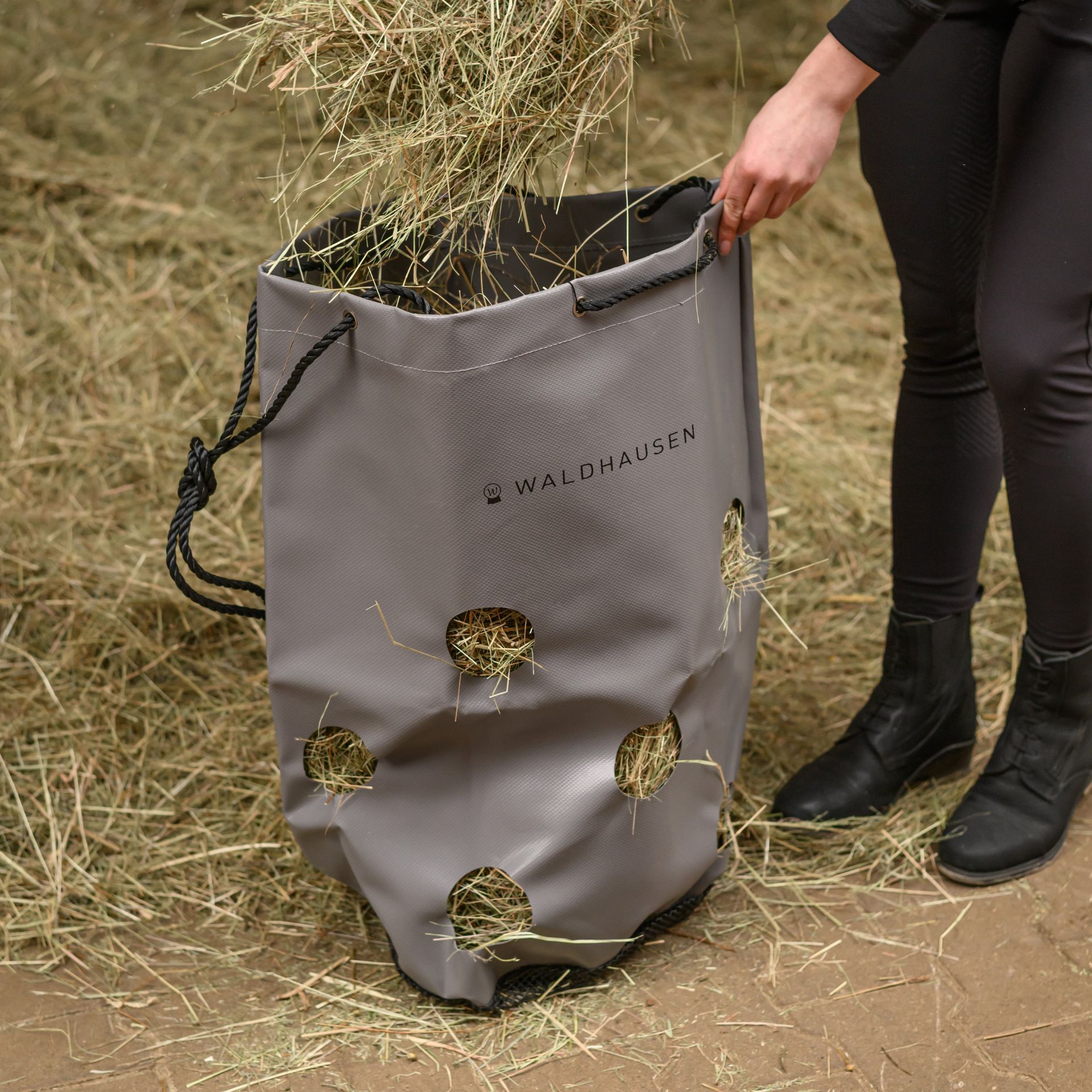 hay bale bag, hammock bag?, bag with holes, WALDHAUSEN, gray tote bag