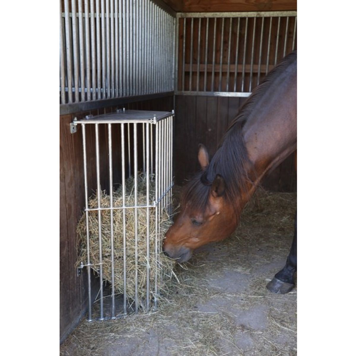 Suport de fân pentru cai Wand SlowFeed Plus 81x41x114 cm, în utilizare